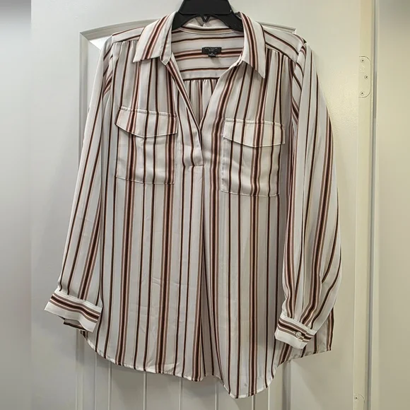 Ann Taylor Factory White and Brown Striped Casual Button Down Shirt LP - Picture 3 of 8